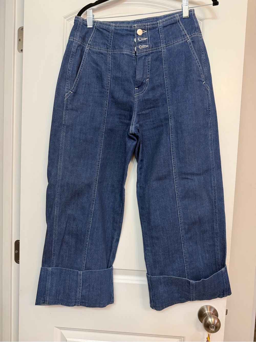 Pilcro Dark Blue Cropped Wide-Leg Jeans with Cuffed Hem